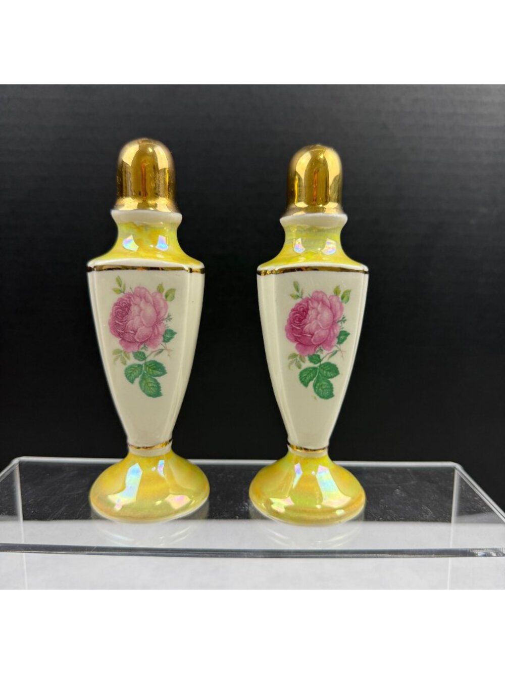 Vintage Lusterware Yellow Pink Rose Salt and Pepper Shakers